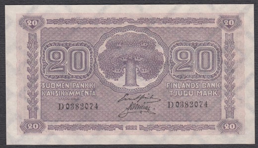 20 Markkaa 1922 D0382074 ( UNC ) Gr&aring; - Mul
