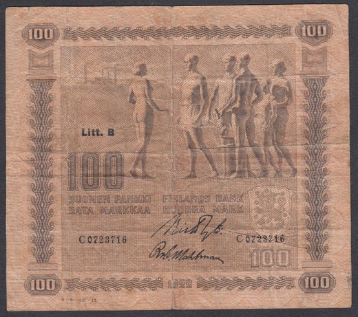 100 Markkaa 1922 Litt-B C0723716 ( G ) Ryt - Wah